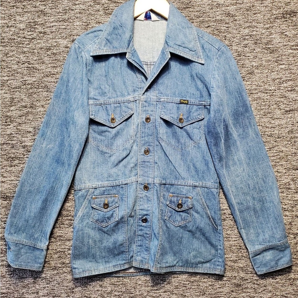 Vintage 70s Wrangler Denim Safari Jacket Made in USA Small Bush Chore Coat 1776